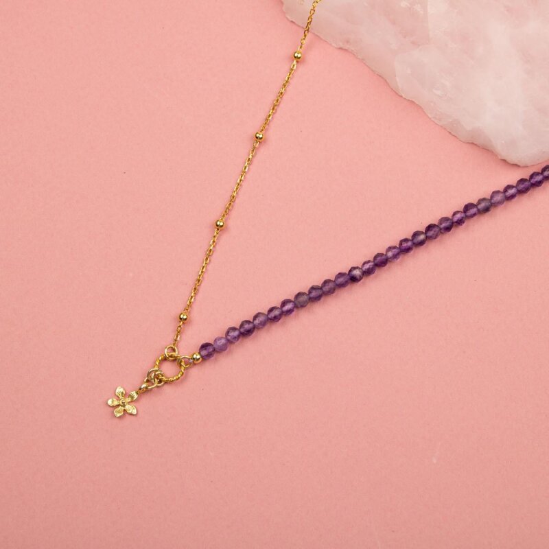 Ametist Doğal Taş Gümüş Çiçekli Kolye - 5