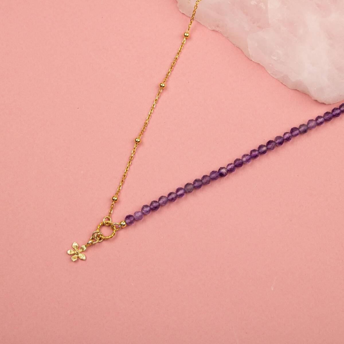 Ametist Doğal Taş Gümüş Çiçekli Kolye - 5