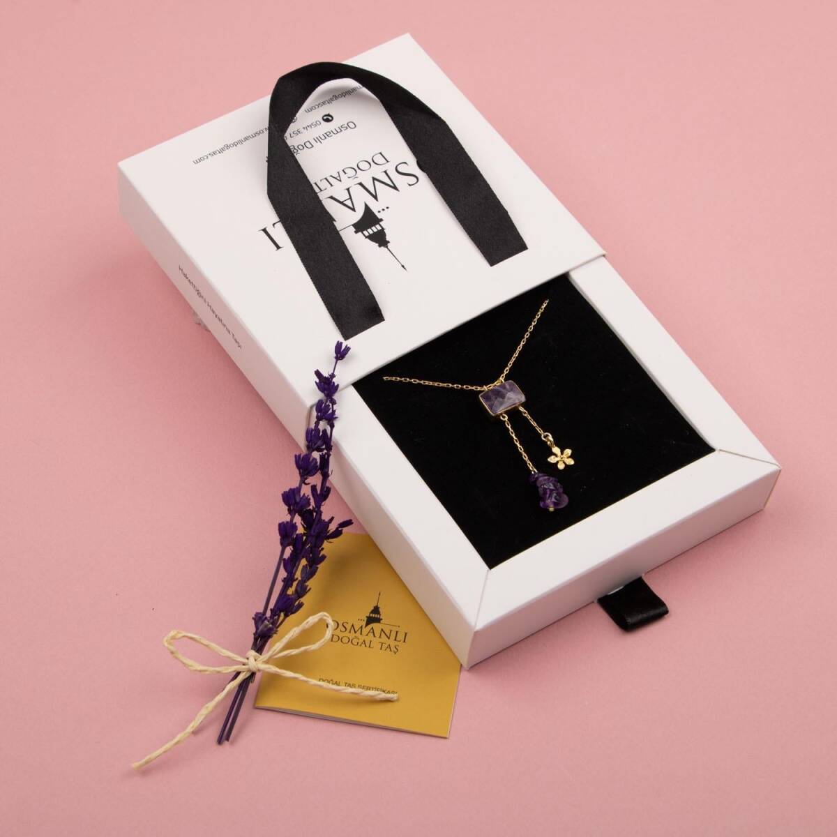 Ametist Doğal Taş Gümüş Çiçekli Kolye - 6