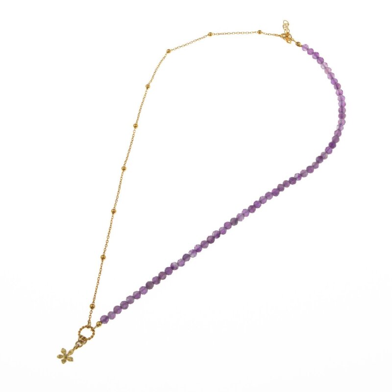 Ametist Doğal Taş Gümüş Çiçekli Kolye - 7