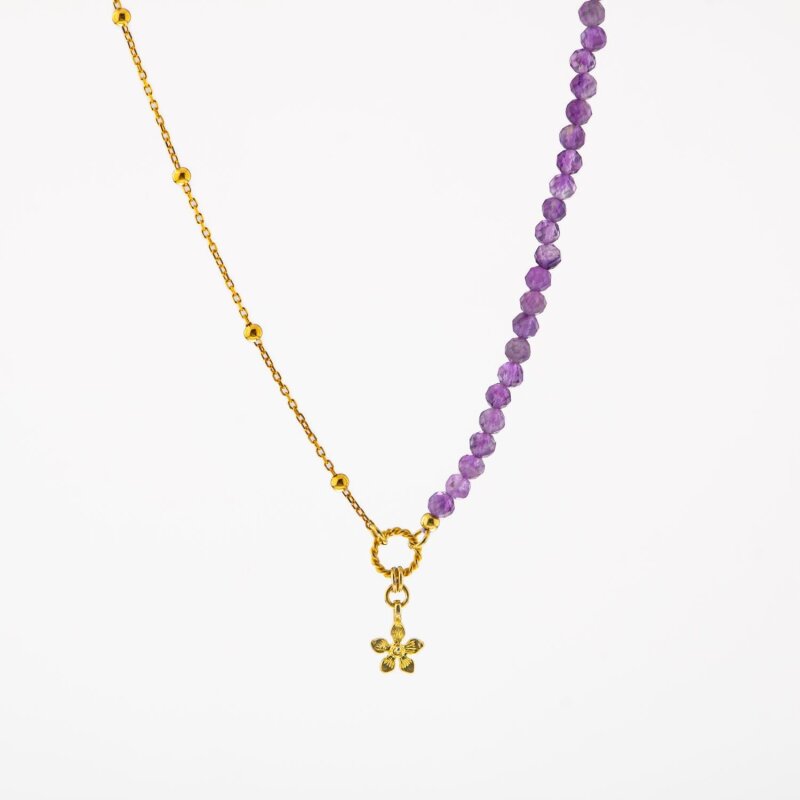 Ametist Doğal Taş Gümüş Çiçekli Kolye - 8