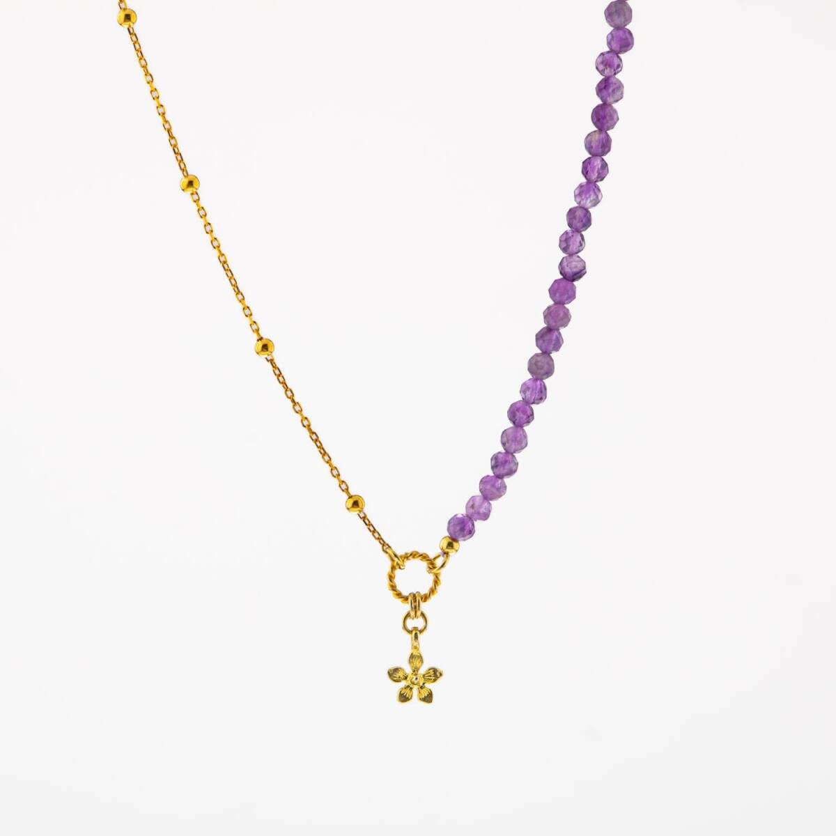 Ametist Doğal Taş Gümüş Çiçekli Kolye - 8