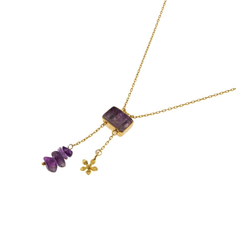Ametist Doğal Taş Gümüş Çiçekli Kolye - 10