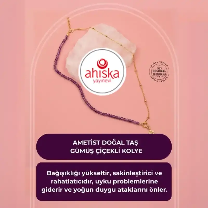 Ametist Doğal Taş Gümüş Çiçekli Kolye - 2