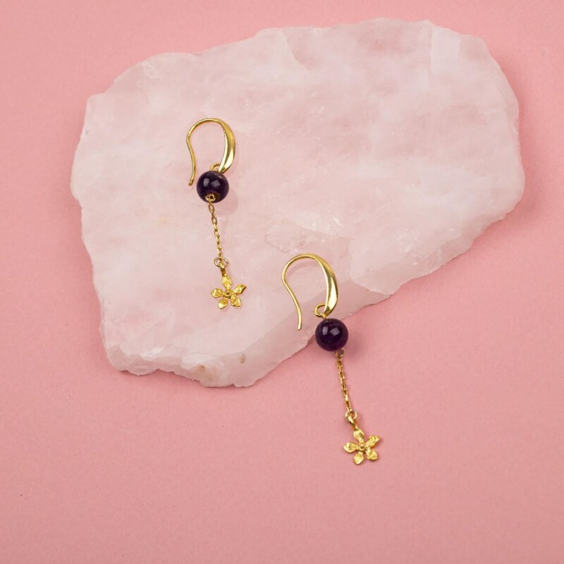 Ametist Doğal Taş Gümüş Çiçekli Küpe - Doğal Taş