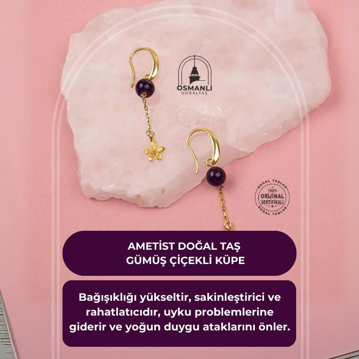 Ametist Doğal Taş Gümüş Çiçekli Küpe - 2