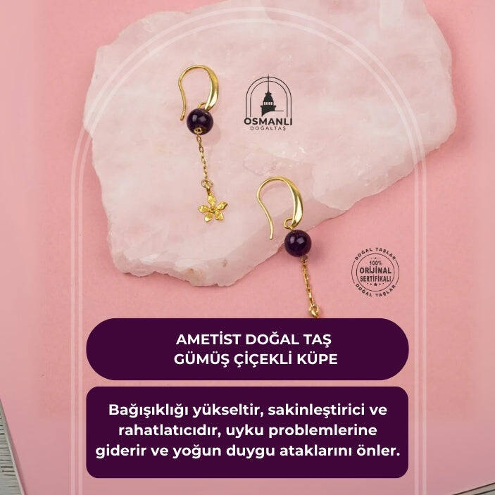 Ametist Doğal Taş Gümüş Çiçekli Küpe - 2