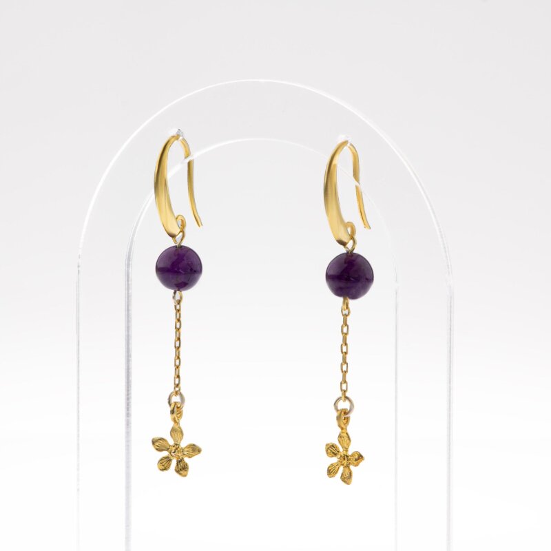 Ametist Doğal Taş Gümüş Çiçekli Küpe - 3