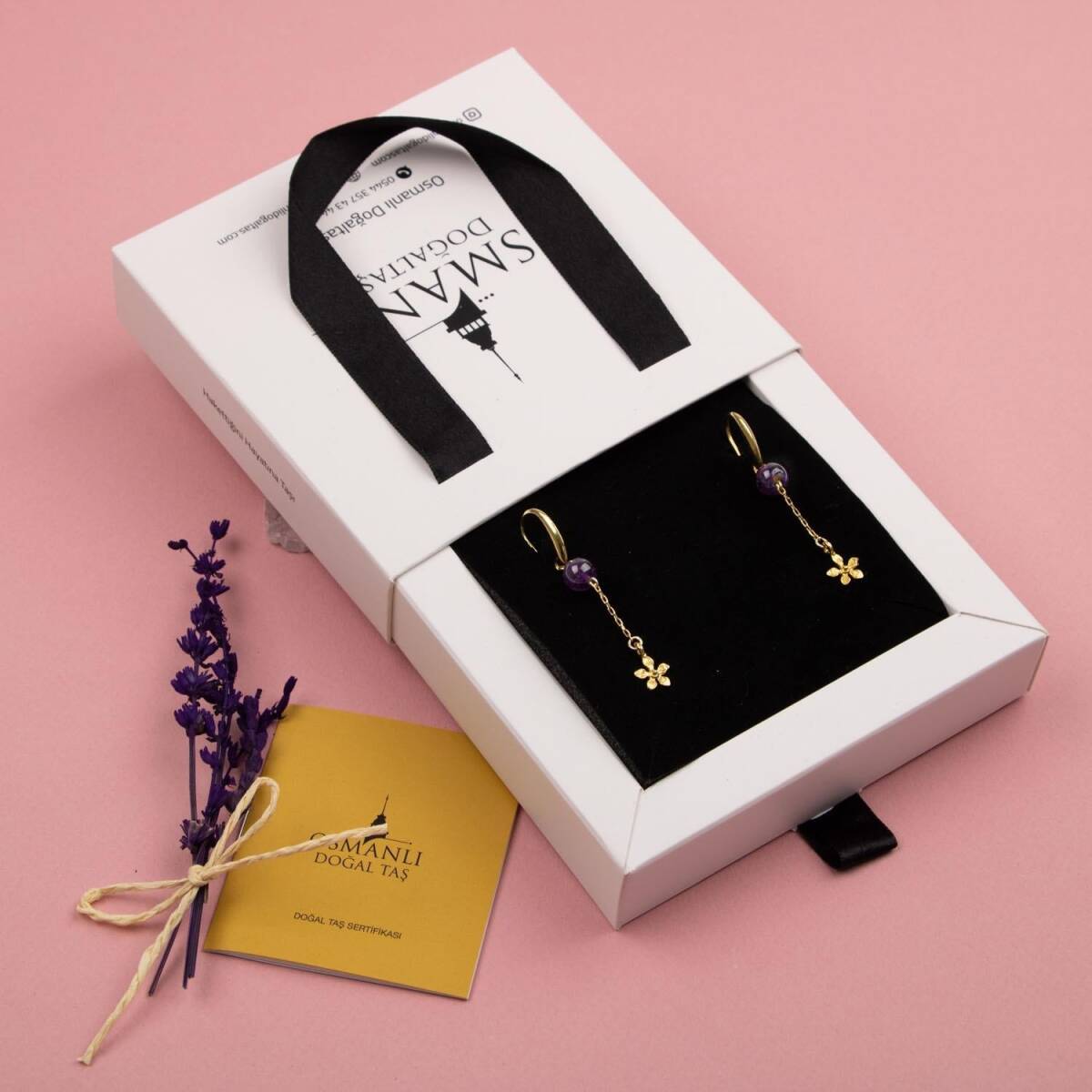 Ametist Doğal Taş Gümüş Çiçekli Küpe - 4