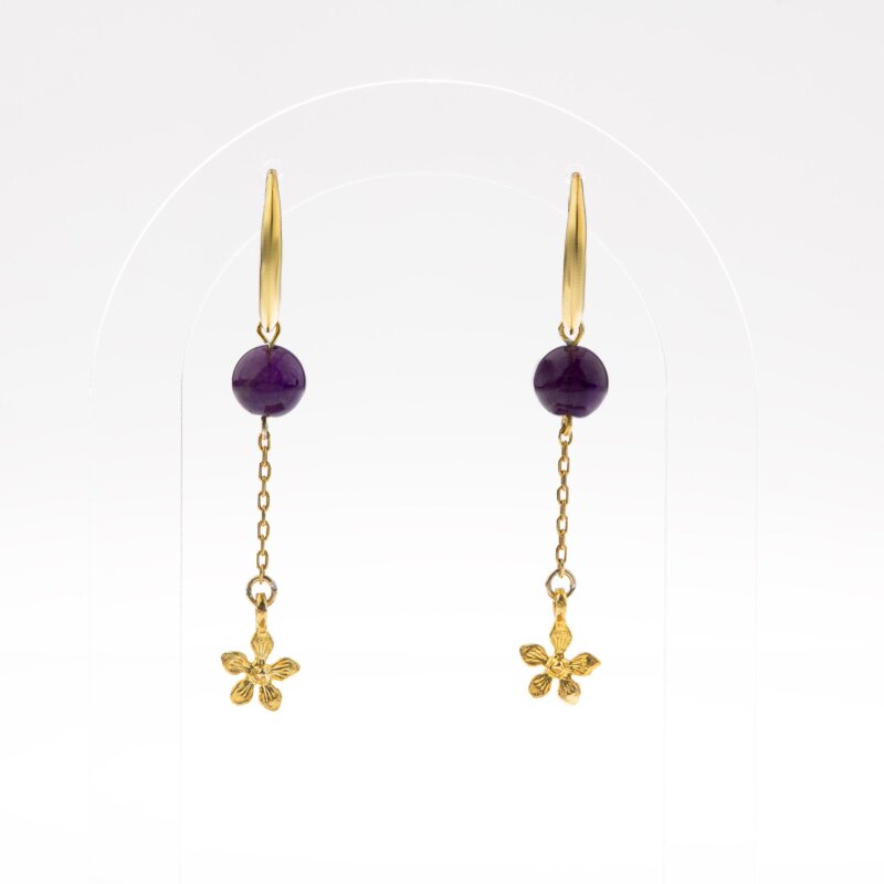 Ametist Doğal Taş Gümüş Çiçekli Küpe - 5