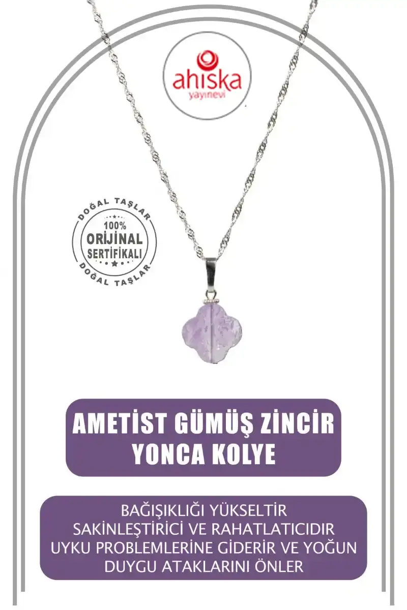 Ametist Doğal Taş Gümüş Zincir Yonca Kolye