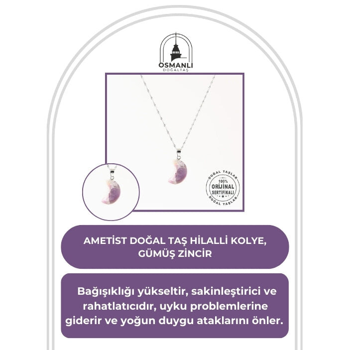 Ametist Doğal Taş Hilalli Kolye, Gümüş Zincir - 2