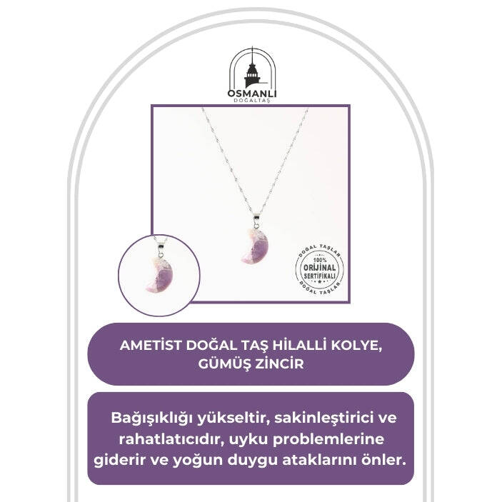 Ametist Doğal Taş Hilalli Kolye, Gümüş Zincir - 2