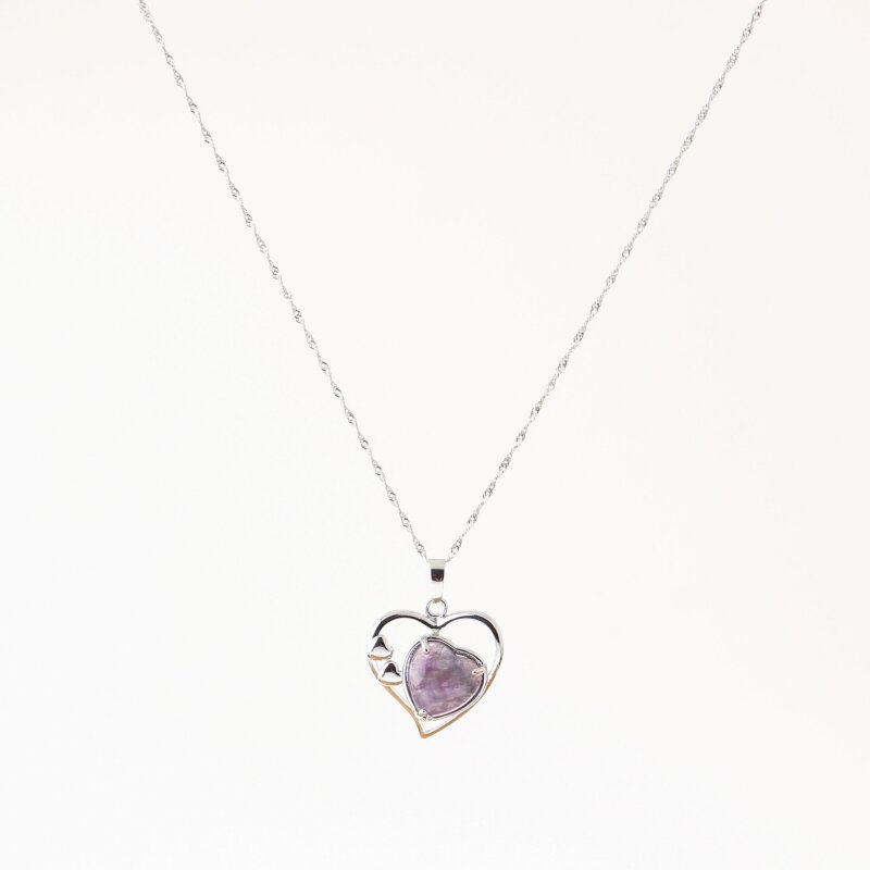 Ametist Doğal Taş Kalpli Kolye, Gümüş Zincir - Doğal Taş