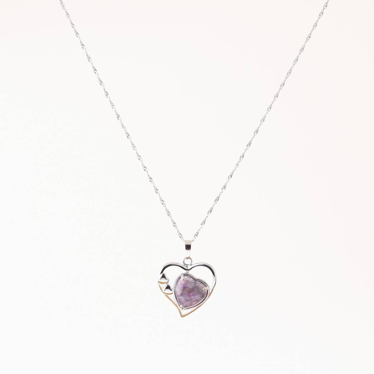Ametist Doğal Taş Kalpli Kolye, Gümüş Zincir - 1
