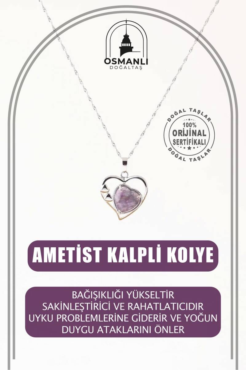 Ametist Doğal Taş Kalpli Kolye, Gümüş Zincir - 2
