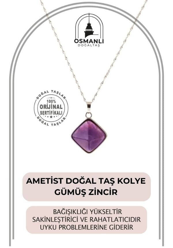 Ametist Doğal Taş Kolye, Gümüş Zincir - 2