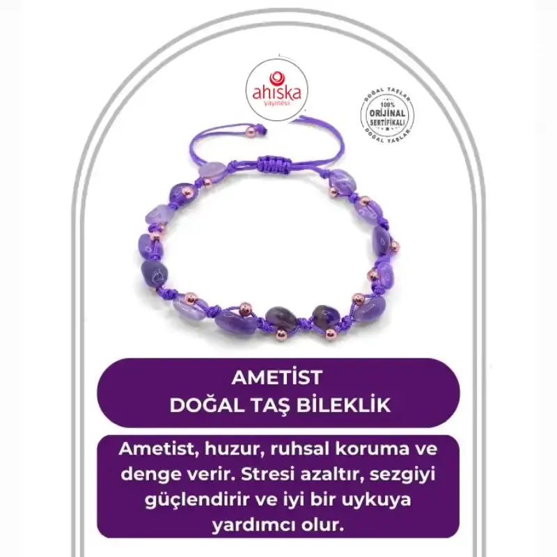 Ametist Doğal Taş Merdiven Kapama Büyük Kesim Naturel İpli Her Bileğe Ayarlanabilir Bileklik