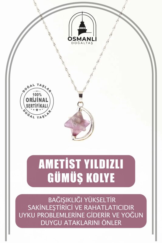 Ametist Doğal Taş Yıldızlı Kolye, Gümüş Zincir - 2