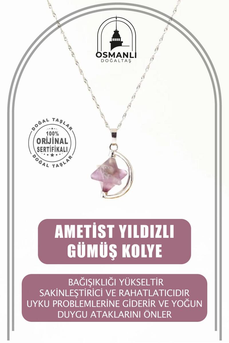Ametist Doğal Taş Yıldızlı Kolye, Gümüş Zincir - 2