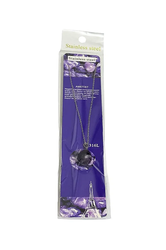 Ametist El Figür Taşlı Çelik Zincir Doğal Taş Kolye - Doğal Taş
