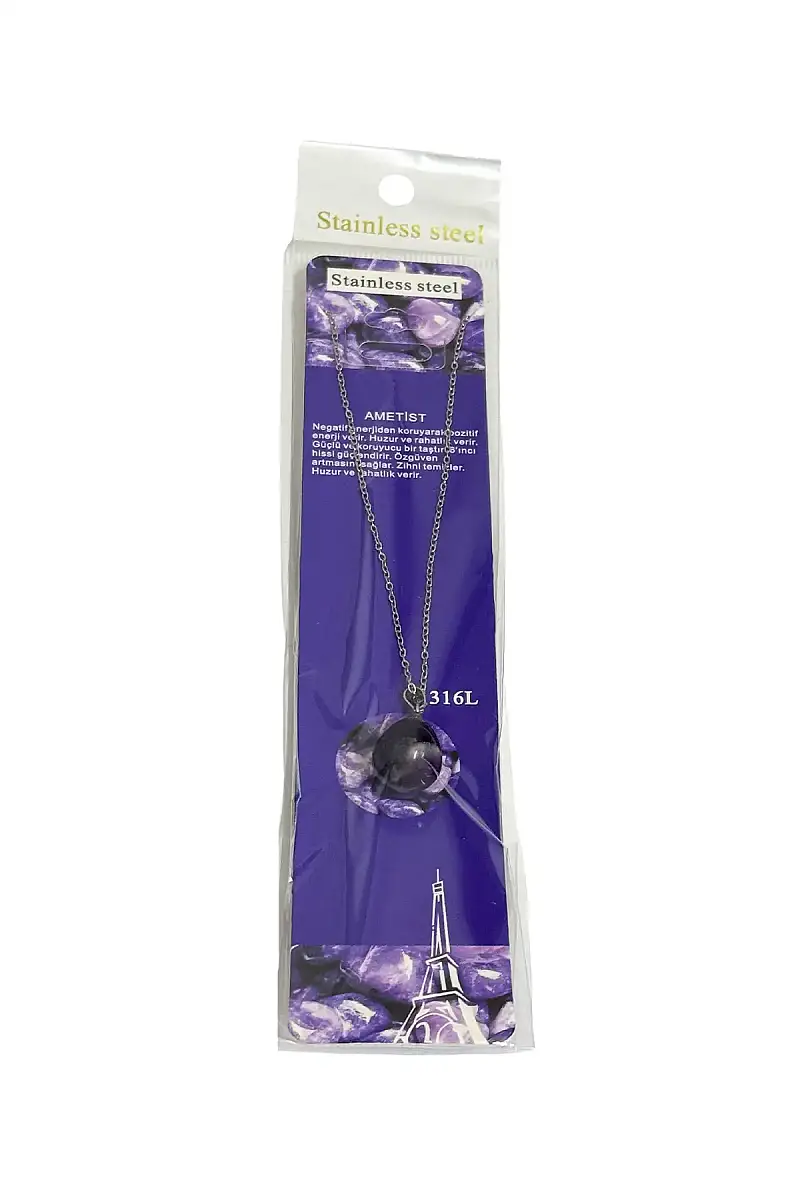 Ametist El Figür Taşlı Çelik Zincir Doğal Taş Kolye - 1