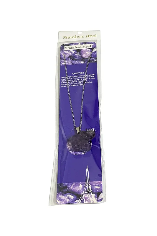 Ametist Fil Figür Taşlı Çelik Zincir Doğal Taş Kolye - Doğal Taş