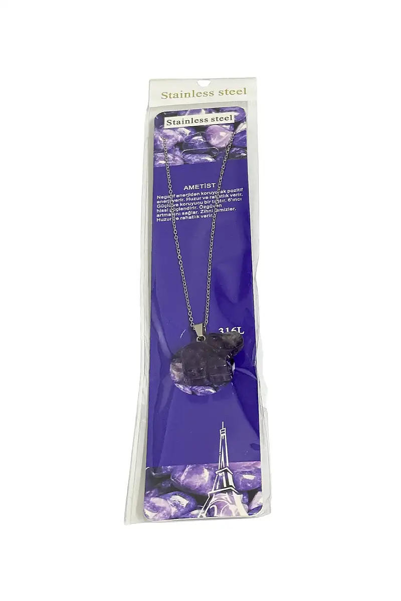 Ametist Fil Figür Taşlı Çelik Zincir Doğal Taş Kolye - 1
