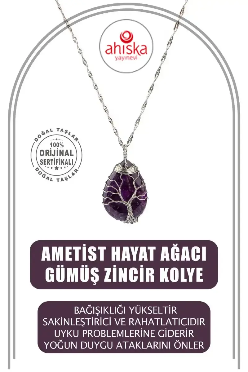 Ametist Hayat Ağacı Doğal Taş Gümüş Zincir Kolye