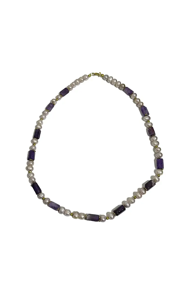 Ametist İnci Boru Kolye Gümüş Kapama Doğal Taş Kolye - 1