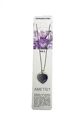 Ametist Kalp Figür Küçük Figür Taşlı Çelik Zincir Doğal Taş Kolye - 2