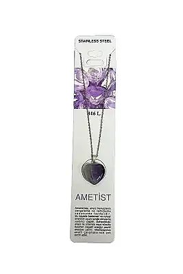 Ametist Kalp Figür Küçük Figür Taşlı Çelik Zincir Doğal Taş Kolye - 3