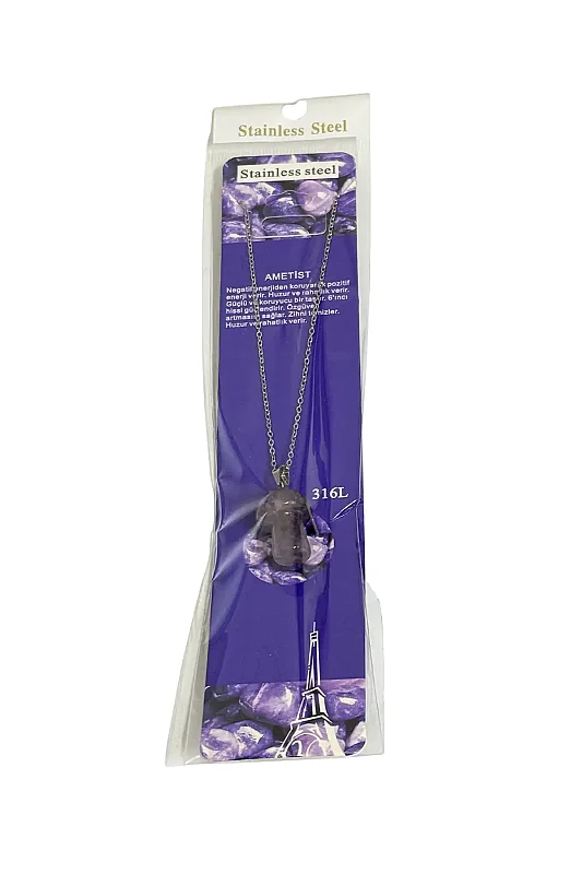 Ametist Mantar Figür Taşlı Çelik Zincir Doğal Taş Kolye - Doğal Taş