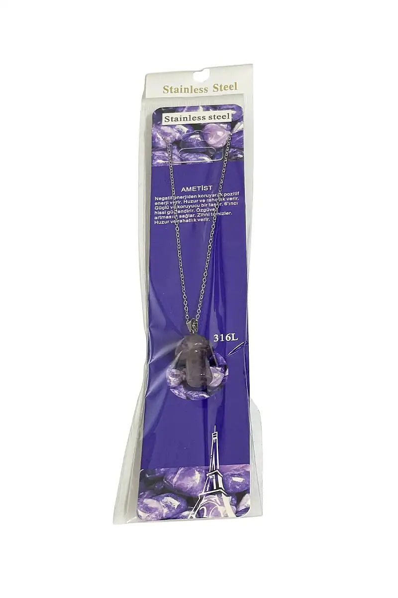Ametist Mantar Figür Taşlı Çelik Zincir Doğal Taş Kolye - 1
