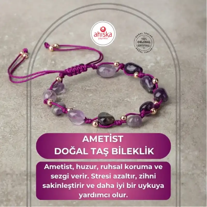 Ametist Natürel Kesim Doğal Taş Makrome Bileklik
