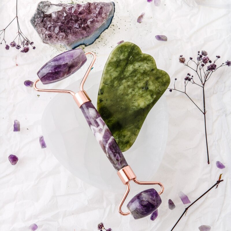 Ametist Roller ve Yeşim Kaz Ayağı Gua Sha Takımı - Doğal Taş