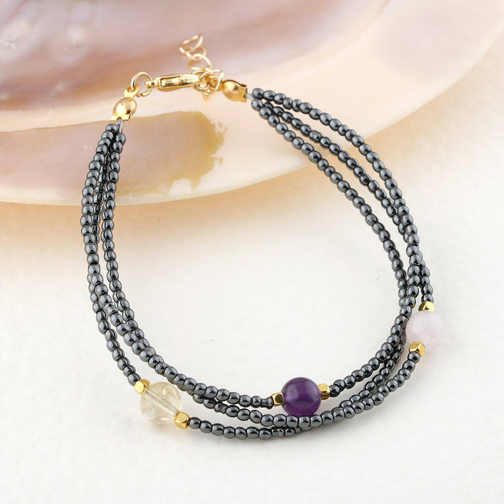 Ametist-Sitrin-Ay Taşı-Hematit Doğal Taş Altın Kaplama Kapama Bileklik - 2