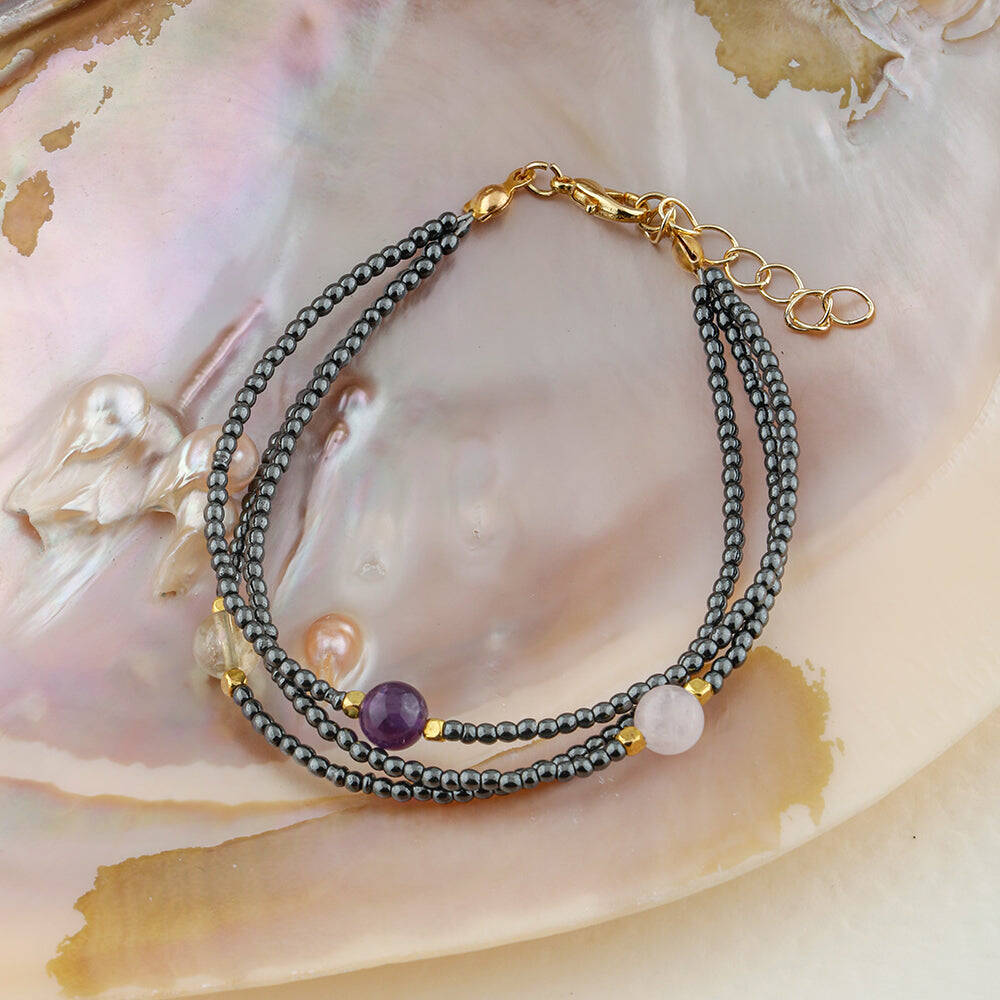 Ametist-Sitrin-Ay Taşı-Hematit Doğal Taş Altın Kaplama Kapama Bileklik - 3