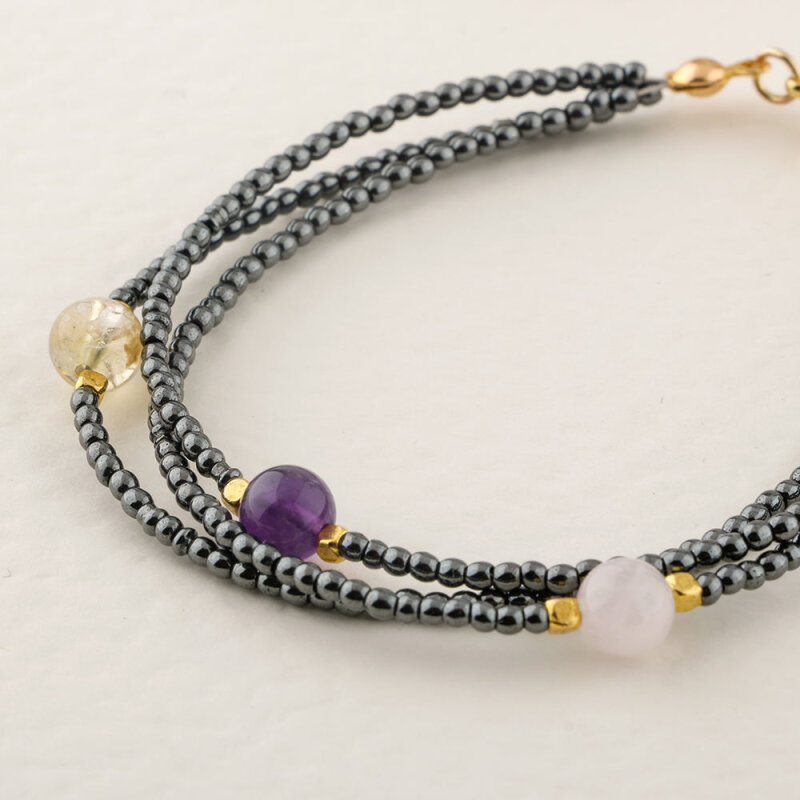 Ametist-Sitrin-Ay Taşı-Hematit Doğal Taş Altın Kaplama Kapama Bileklik - 4