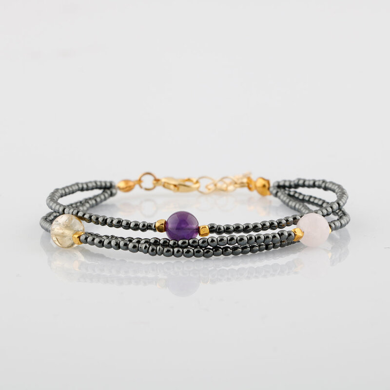 Ametist-Sitrin-Ay Taşı-Hematit Doğal Taş Altın Kaplama Kapama Bileklik - 5