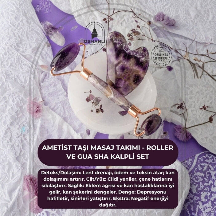 Ametist Taşı Masaj Takımı - Roller ve Gua Sha Kalpli Set - 2