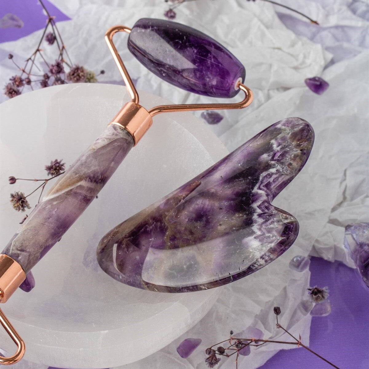 Ametist Taşı Masaj Takımı - Roller ve Gua Sha Kalpli Set - 3