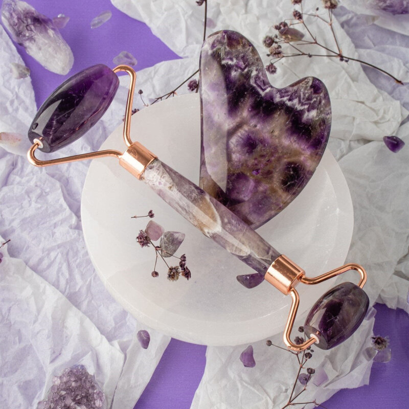 Ametist Taşı Masaj Takımı - Roller ve Gua Sha Kalpli Set - 4