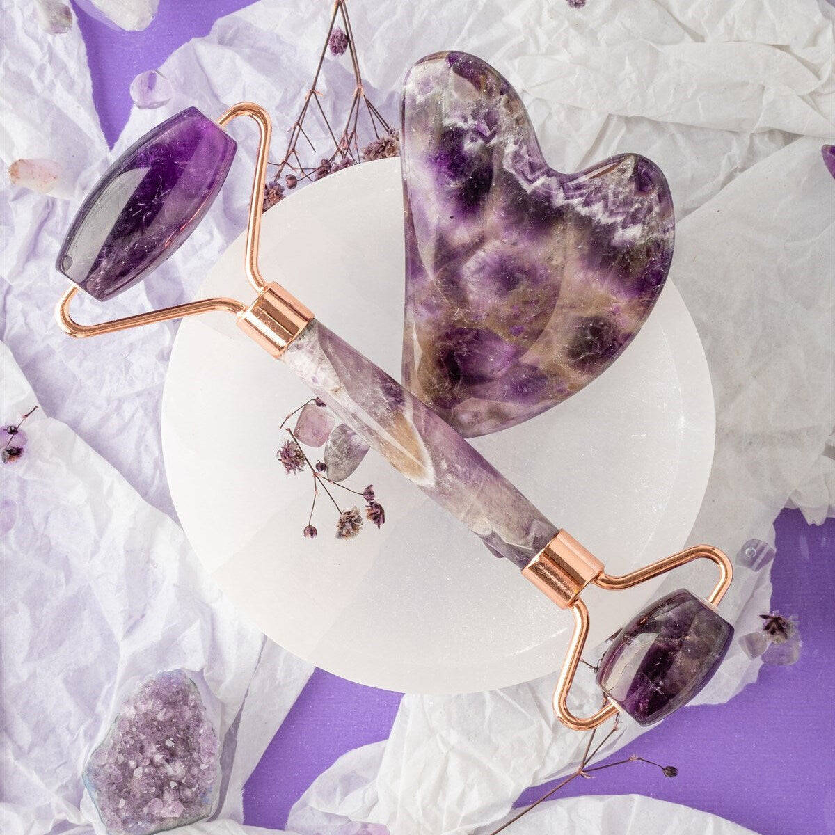 Ametist Taşı Masaj Takımı - Roller ve Gua Sha Kalpli Set - 5