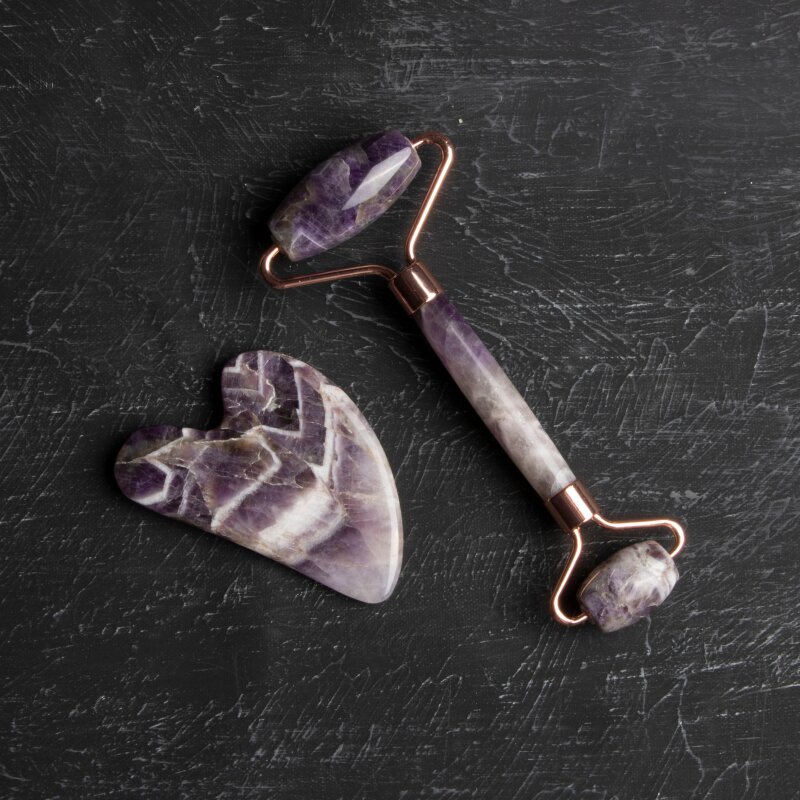 Ametist Taşı Masaj Takımı - Roller ve Gua Sha Kaz Ayaklı Set - Doğal Taş