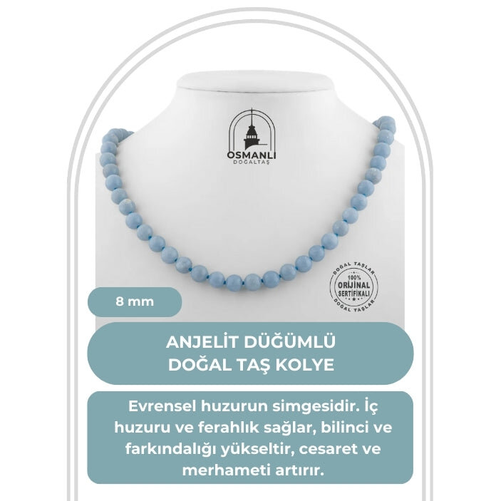 Anjelit 8 mm Düğümlü Doğal Taş Kolye - 2