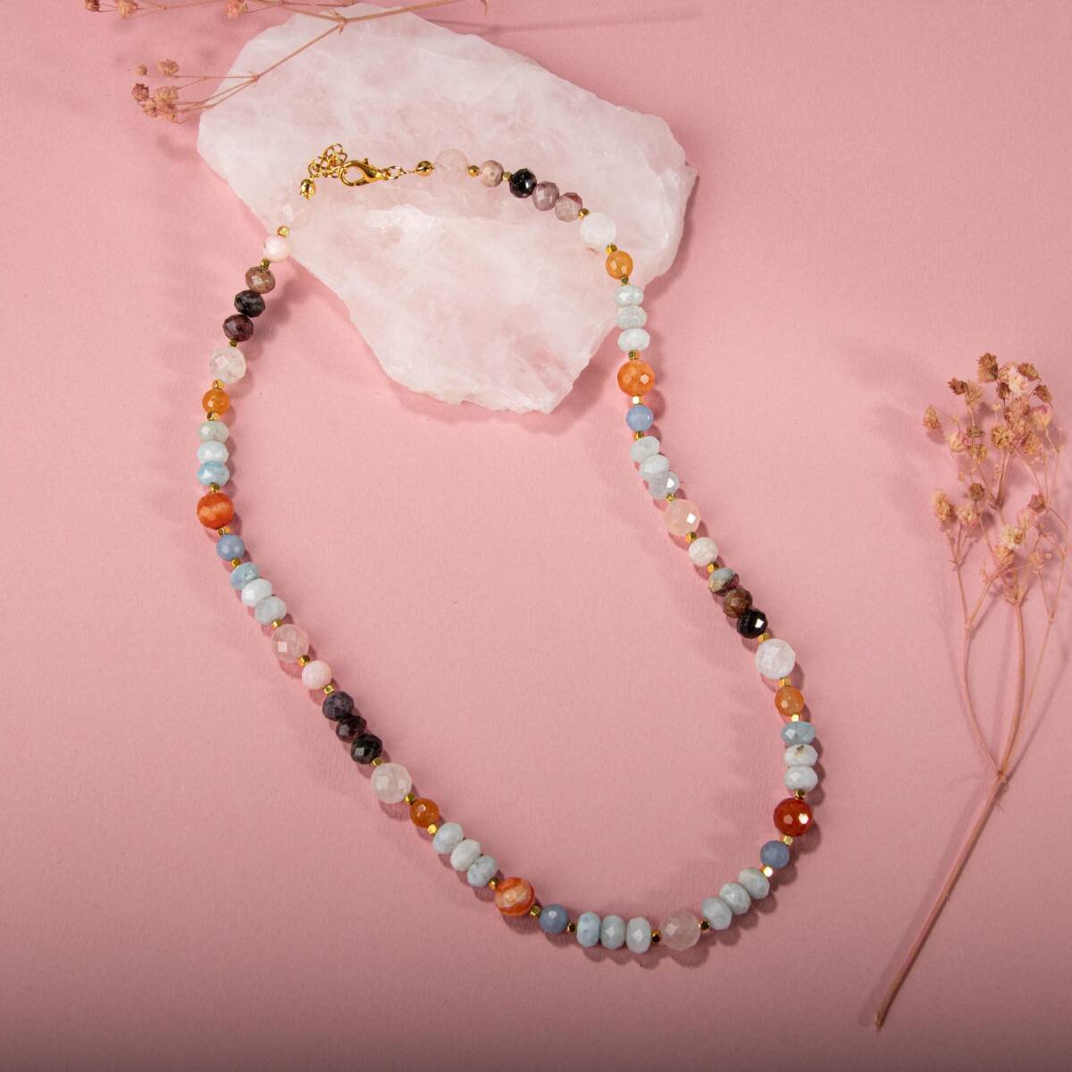 Anjelit-Morganit-Pembe Kuvars-Renkli Turmalin-Ay Taşı-Turuncu Aventurin-Akuamarin-Madagaskar Akik Doğal Taş Kolye - 1