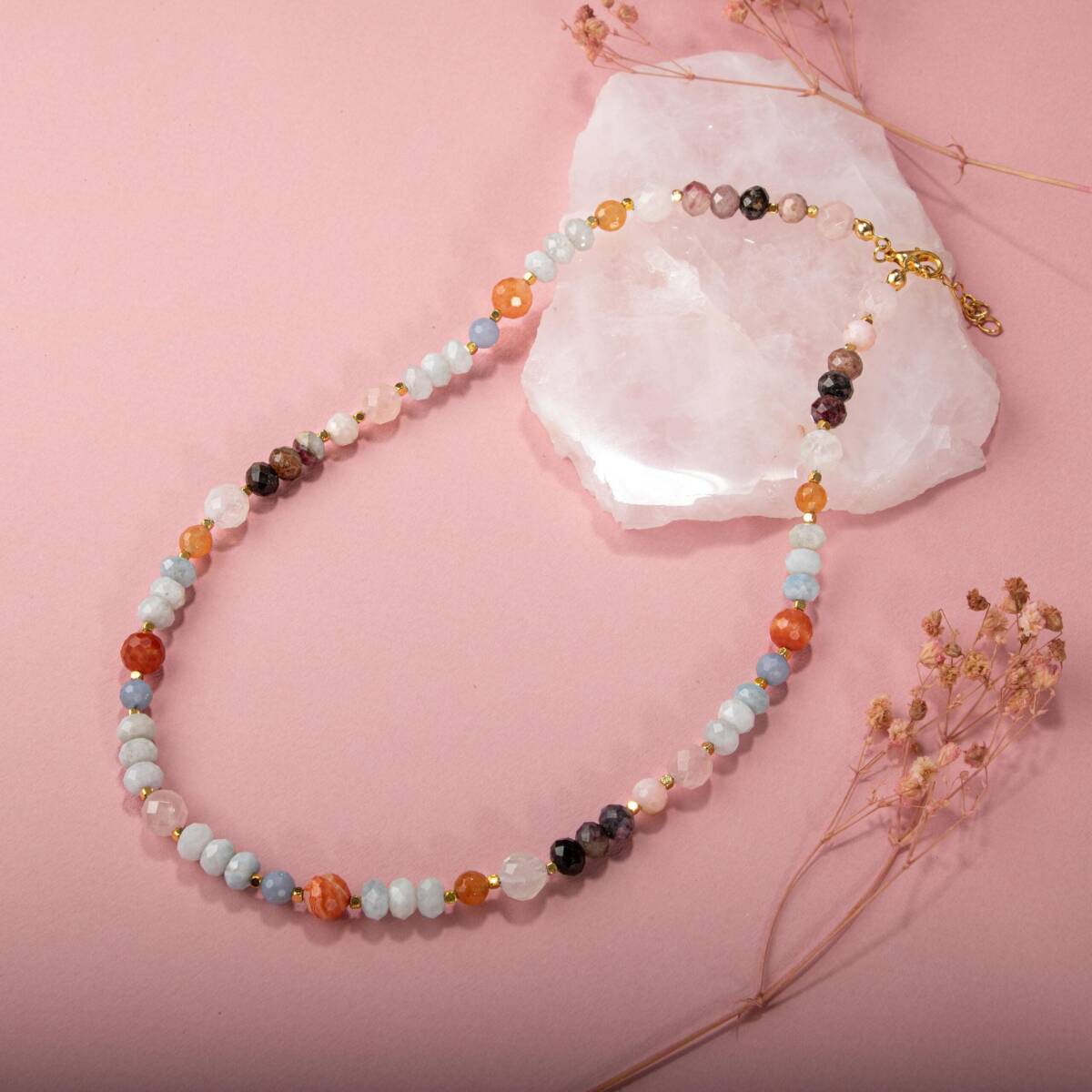 Anjelit-Morganit-Pembe Kuvars-Renkli Turmalin-Ay Taşı-Turuncu Aventurin-Akuamarin-Madagaskar Akik Doğal Taş Kolye - 4