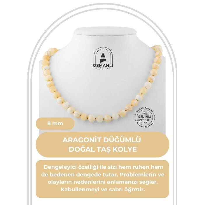 Aragonit 8 mm Düğümlü Doğal Taş Kolye - 2
