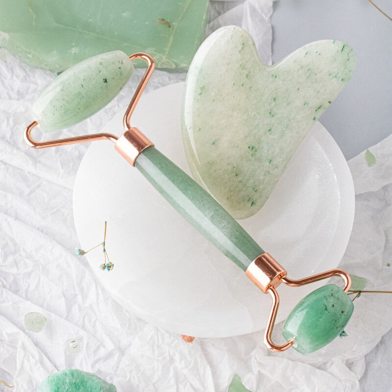 Aventurin Taşı Masaj Takımı - Roller ve Gua Sha Kalpli Set - Doğal Taş
